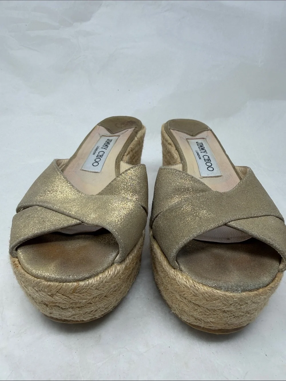 Jimmy Choo Gold Metallic Espadrille Wedge Sandals Size 38